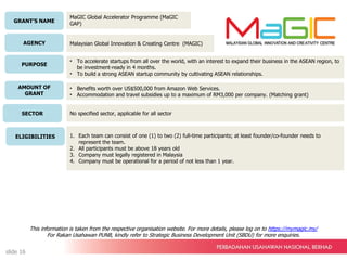 GRANT’S NAME
AGENCY
PURPOSE
AMOUNT OF
GRANT
SECTOR
ELIGIBILITIES
MaGIC Global Accelerator Programme (MaGIC
GAP)
Malaysian Global Innovation & Creating Centre (MAGIC)
• To accelerate startups from all over the world, with an interest to expand their business in the ASEAN region, to
be investment-ready in 4 months.
• To build a strong ASEAN startup community by cultivating ASEAN relationships.
• Benefits worth over US$500,000 from Amazon Web Services.
• Accommodation and travel subsidies up to a maximum of RM3,000 per company. (Matching grant)
No specified sector, applicable for all sector
1. Each team can consist of one (1) to two (2) full-time participants; at least founder/co-founder needs to
represent the team.
2. All participants must be above 18 years old
3. Company must legally registered in Malaysia
4. Company must be operational for a period of not less than 1 year.
This information is taken from the respective organisation website. For more details, please log on to https://mymagic.my/
For Rakan Usahawan PUNB, kindly refer to Strategic Business Development Unit (SBDU) for more enquiries.
slide 16
 