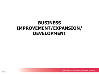BUSINESS
IMPROVEMENT/EXPANSION/
DEVELOPMENT
slide 17
 