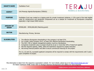GRANT’S NAME
AGENCY
PURPOSE
AMOUNT OF
GRANT
SECTOR
ELIGIBILITIES
Facilitation Fund
Unit Peneraju Agenda Bumiputera (TERAJU)
Facilitation Fund was created as a tipping point for private investment initiatives. A 15% grant of the total eligible
costs for infrastructure and equipment components act as a catalyst for investment by Bumiputera companies,
especially in high-impact NKEA sectors.
RM500,000 – RM30,000,000 (Matching grant)
Manufacturing, Primary, Services
1. The effective Bumiputera shareholding in the company is at least 51%.
2. For a Public Listed Company (PLC), at least 35% effective Bumiputera shareholding.
3. The CEO / MD or highest management position must be a Bumiputera.
4. Companies investment value in project should be at par or more than 50% of total fund applied.
5. Has the required capacity, ability, skills and experience required for project execution.
6. Has strong financial position and able to secure commercial financing for the project.
For (1), (2) and (3), successful applicant companies will be required to comply with the requirements until 3 years
upon completion of project.
This information is taken from the respective organisation website. For more details, please log on to http://www.teraju.gov.my/
For Rakan Usahawan PUNB, kindly refer to Strategic Business Development Unit (SBDU) for more enquiries.
slide 28
 
