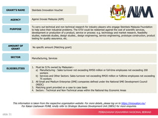 GRANT’S NAME
AGENCY
PURPOSE
AMOUNT OF
GRANT
SECTOR
ELIGIBILITIES
Steinbeis Innovation Voucher
Agensi Inovasi Malaysia (AIM)
To carry out technical and non technical research for industry players who engage Steinbeis Malaysia Foundation
to help solve their industrial problems. The STIV could be redeemed against the cost of scientific services,
development or production of a product, service or process: e.g. technology and market research, feasibility
studies, materials studies, design studies., design engineering, service engineering, prototype construction, product
testing for quality assurance, etc.
No specific amount (Matching grant)
Manufacturing, Services
1. Must be 51% owned by Malaysian:-
a) Manufacturing : Sales turnover not exceeding RM50 million or full-time employees not exceeding 200
workers
b) Services and Other Sectors: Sales turnover not exceeding RM20 million or fulltime employees not exceeding
75 workers
2. All Small and Medium Enterprise (SME) companies defined under the National SME Development Council
(NSDC)
3. Matching grant provided on a case to case basis
4. Sectors : Technical and Non-Technical areas within the National Key Economic Areas
This information is taken from the respective organisation website. For more details, please log on to https://innovation.my/
For Rakan Usahawan PUNB, kindly refer to Strategic Business Development Unit (SBDU) for more enquiries.
slide 31
 