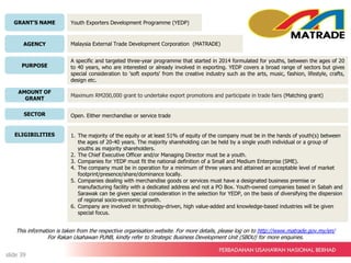 GRANT’S NAME
AGENCY
PURPOSE
AMOUNT OF
GRANT
SECTOR
ELIGIBILITIES
Youth Exporters Development Programme (YEDP)
Malaysia External Trade Development Corporation (MATRADE)
A specific and targeted three-year programme that started in 2014 formulated for youths, between the ages of 20
to 40 years, who are interested or already involved in exporting. YEDP covers a broad range of sectors but gives
special consideration to 'soft exports' from the creative industry such as the arts, music, fashion, lifestyle, crafts,
design etc.
Maximum RM200,000 grant to undertake export promotions and participate in trade fairs (Matching grant)
Open. Either merchandise or service trade
1. The majority of the equity or at least 51% of equity of the company must be in the hands of youth(s) between
the ages of 20-40 years. The majority shareholding can be held by a single youth individual or a group of
youths as majority shareholders.
2. The Chief Executive Officer and/or Managing Director must be a youth.
3. Companies for YEDP must fit the national definition of a Small and Medium Enterprise (SME).
4. The company must be in operation for a minimum of three years and attained an acceptable level of market
footprint/presence/share/dominance locally.
5. Companies dealing with merchandise goods or services must have a designated business premise or
manufacturing facility with a dedicated address and not a PO Box. Youth-owned companies based in Sabah and
Sarawak can be given special consideration in the selection for YEDP, on the basis of diversifying the dispersion
of regional socio-economic growth.
6. Company are involved in technology-driven, high value-added and knowledge-based industries will be given
special focus.
This information is taken from the respective organisation website. For more details, please log on to http://www.matrade.gov.my/en/
For Rakan Usahawan PUNB, kindly refer to Strategic Business Development Unit (SBDU) for more enquiries.
slide 39
 
