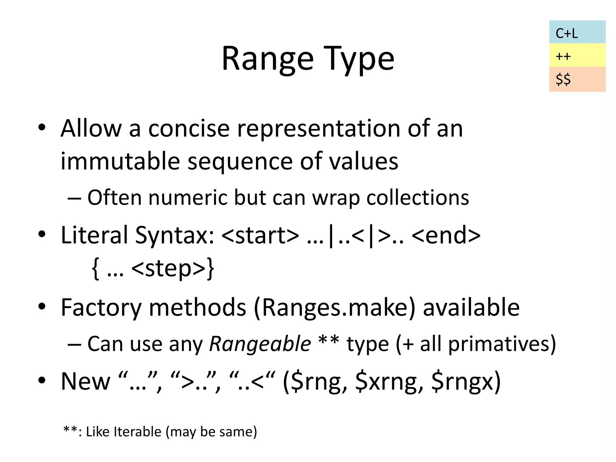 Range Type 
• Allow a concise representation of an 
immutable sequence of values 
– Often numeric but can wrap collections 
• Literal Syntax: <start> …|..<|>.. <end> 
{ … <step>} 
• Factory methods (Ranges.make) available 
– Can use any Rangeable ** type (+ all primatives) 
• New “…”, “>..”, “..<“ ($rng, $xrng, $rngx) 
**: Like Iterable (may be same) 
C+L 
++ 
$$ 
 