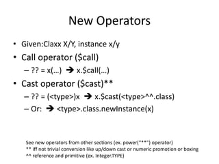 New Operators 
• Given:Claxx X/Y, instance x/y 
• Call operator ($call) 
– ?? = x(…)  x.$call(…) 
• Cast operator ($cast)** 
– ?? = (<type>)x  x.$cast(<type>^^.class) 
– Or:  <type>.class.newInstance(x) 
See new operators from other sections (ex. power(“**”) operator) 
** iff not trivial conversion like up/down cast or numeric promotion or boxing 
^^ reference and primitive (ex. Integer.TYPE) 
 