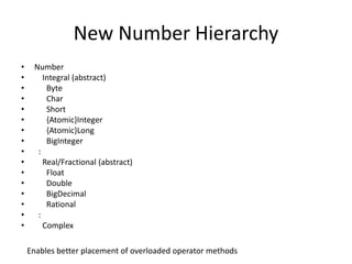New Number Hierarchy 
• Number 
• Integral (abstract) 
• Byte 
• Char 
• Short 
• {Atomic}Integer 
• {Atomic}Long 
• BigInteger 
• : 
• Real/Fractional (abstract) 
• Float 
• Double 
• BigDecimal 
• Rational 
• : 
• Complex 
Enables better placement of overloaded operator methods 
 