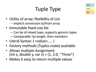 Tuple Type 
• Utility of array; flexibility of List 
– Implicit conversion to/from array 
• Immutable fixed-size list 
– Can be of mixed type; supports generic types 
– Comparable: by length, then members 
• Literal Syntax: ( <value>, … ) 
• Factory methods (Tuples.make) available 
• Allows multiple Assignment: 
(int x, double y, var s) = (1, 2.0, “Three”) 
• Makes it easy to return multiple values 
C+L 
+++ 
$$ 
 