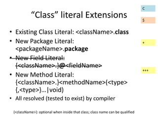 “Class” literal Extensions 
• Existing Class Literal: <className>.class 
• New Package Literal: 
<packageName>.package 
• New Field Literal: 
{<className>.}@<fieldName> 
• New Method Literal: 
{<className>.}<methodName>(<type> 
{,<type>}…|void) 
• All resolved (tested to exist) by compiler 
{<className>}: optional when inside that class; class name can be qualified 
C 
$ 
+ 
+++ 
 