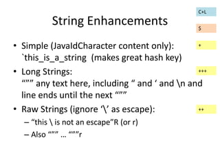 String Enhancements 
$ 
• Simple (JavaIdCharacter content only): 
`this_is_a_string (makes great hash key) 
• Long Strings: 
“”” any text here, including “ and ‘ and n and 
line ends until the next “”” 
• Raw Strings (ignore ‘’ as escape): 
– “this  is not an escape”R (or r) 
– Also “”” … “””r 
C+L 
+ 
+++ 
++ 
 