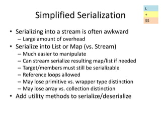 Simplified Serialization 
• Serializing into a stream is often awkward 
– Large amount of overhead 
• Serialize into List or Map (vs. Stream) 
– Much easier to manipulate 
– Can stream serialize resulting map/list if needed 
– Target/members must still be serializable 
– Reference loops allowed 
– May lose primitive vs. wrapper type distinction 
– May lose array vs. collection distinction 
• Add utility methods to serialize/deserialize 
L 
+ 
$$ 
 