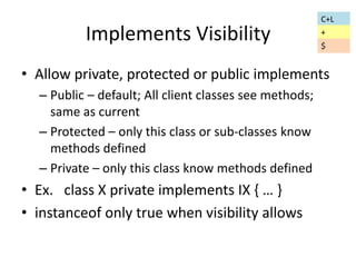 Implements Visibility 
• Allow private, protected or public implements 
– Public – default; All client classes see methods; 
same as current 
– Protected – only this class or sub-classes know 
methods defined 
– Private – only this class know methods defined 
• Ex. class X private implements IX { … } 
• instanceof only true when visibility allows 
C+L 
+ 
$ 
 