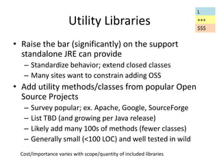 Utility Libraries 
• Raise the bar (significantly) on the support 
standalone JRE can provide 
– Standardize behavior; extend closed classes 
– Many sites want to constrain adding OSS 
• Add utility methods/classes from popular Open 
Source Projects 
– Survey popular; ex. Apache, Google, SourceForge 
– List TBD (and growing per Java release) 
– Likely add many 100s of methods (fewer classes) 
– Generally small (<100 LOC) and well tested in wild 
L 
+++ 
Cost/Importance varies with scope/quantity of included libraries 
$$$ 
 