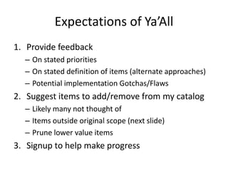 Expectations of Ya’All 
1. Provide feedback 
– On stated priorities 
– On stated definition of items (alternate approaches) 
– Potential implementation Gotchas/Flaws 
2. Suggest items to add/remove from my catalog 
– Likely many not thought of 
– Items outside original scope (next slide) 
– Prune lower value items 
3. Signup to help make progress 
 