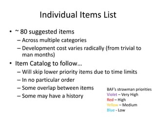 Individual Items List 
• ~ 80 suggested items 
– Across multiple categories 
– Development cost varies radically (from trivial to 
man months) 
• Item Catalog to follow… 
– Will skip lower priority items due to time limits 
– In no particular order 
– Some overlap between items 
– Some may have a history 
BAF’s strawman priorities 
Violet – Very High 
Red – High 
Yellow – Medium 
Blue - Low 
 
