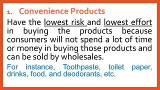 1. Convenience Products
Have the lowest risk and lowest effort
in buying the products because
consumers will not spend a lot of time
or money in buying those products and
can be sold by wholesales.
For instance, Toothpaste, toilet paper,
drinks, food, and deodorants, etc.
 