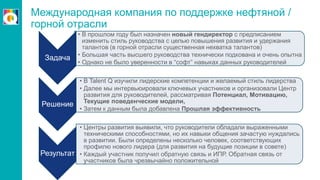 Международная компания по поддержке нефтяной /
горной отрасли
Задача
• В прошлом году был назначен новый гендиректор с предписанием
изменить стиль руководства с целью повышения развития и удержания
талантов (в горной отрасли существенная нехватка талантов)
• Большая часть высшего руководства технически подкована и очень опытна
• Однако не было уверенности в “софт” навыках данных руководителей
Решение
• В Talent Q изучили лидерские компетенции и желаемый стиль лидерства
• Далее мы интервьюировали ключевых участников и организовали Центр
развития для руководителей, рассматривая Потенциал, Мотивацию,
Текущие поведенческие модели,
• Затем к данным была добавлена Прошлая эффективность
Результат
• Центры развития выявили, что руководители обладали выраженными
техническими способностями, но их навыки общения зачастую нуждались
в развитии. Были определены несколько человек, соответствующих
профилю нового лидера (для развития на будущие позиции в совете)
• Каждый участник получил обратную связь и ИПР. Обратная связь от
участников была чрезвычайно положительной
 