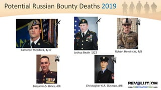Cameron Meddock, 1/17
Robert Hendricks, 4/8
Christopher K.A. Slutman, 4/8
Joshua Beale 1/22
Benjamin S. Hines, 4/8
Potential Russian Bounty Deaths 2019
 