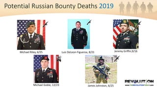 Michael Riley, 6/25 Jeremy Griffin,9/16
Luis DeLeon-Figueroa, 8/21
Michael Goble, 12/23 James Johnston, 6/25
Potential Russian Bounty Deaths 2019
 