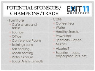 POTENTIAL SPONSORS/
CHAMPIONS/TRADE
•  Furniture
•  Café chairs and
table
•  Lounge
•  Office
•  Conference Room
•  Training room
•  Bar Seating
•  Booth seating
•  Patio furniture
•  Local Artists for walls
•  Cafe
•  Coffee, tea
•  Water
•  Healthy Snacks
•  Power Bar
•  Specialty Coffee
•  Muffins
•  Alcohol?
•  Supplies – cups,
paper products, etc.
 