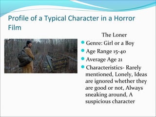 Profile of a Typical Character in a Horror
Film
                                The Loner
                        Genre: Girl or a Boy
                        Age Range 15-40
                        Average Age 21
                        Characteristics- Rarely
                         mentioned, Lonely, Ideas
                         are ignored whether they
                         are good or not, Always
                         sneaking around, A
                         suspicious character
 