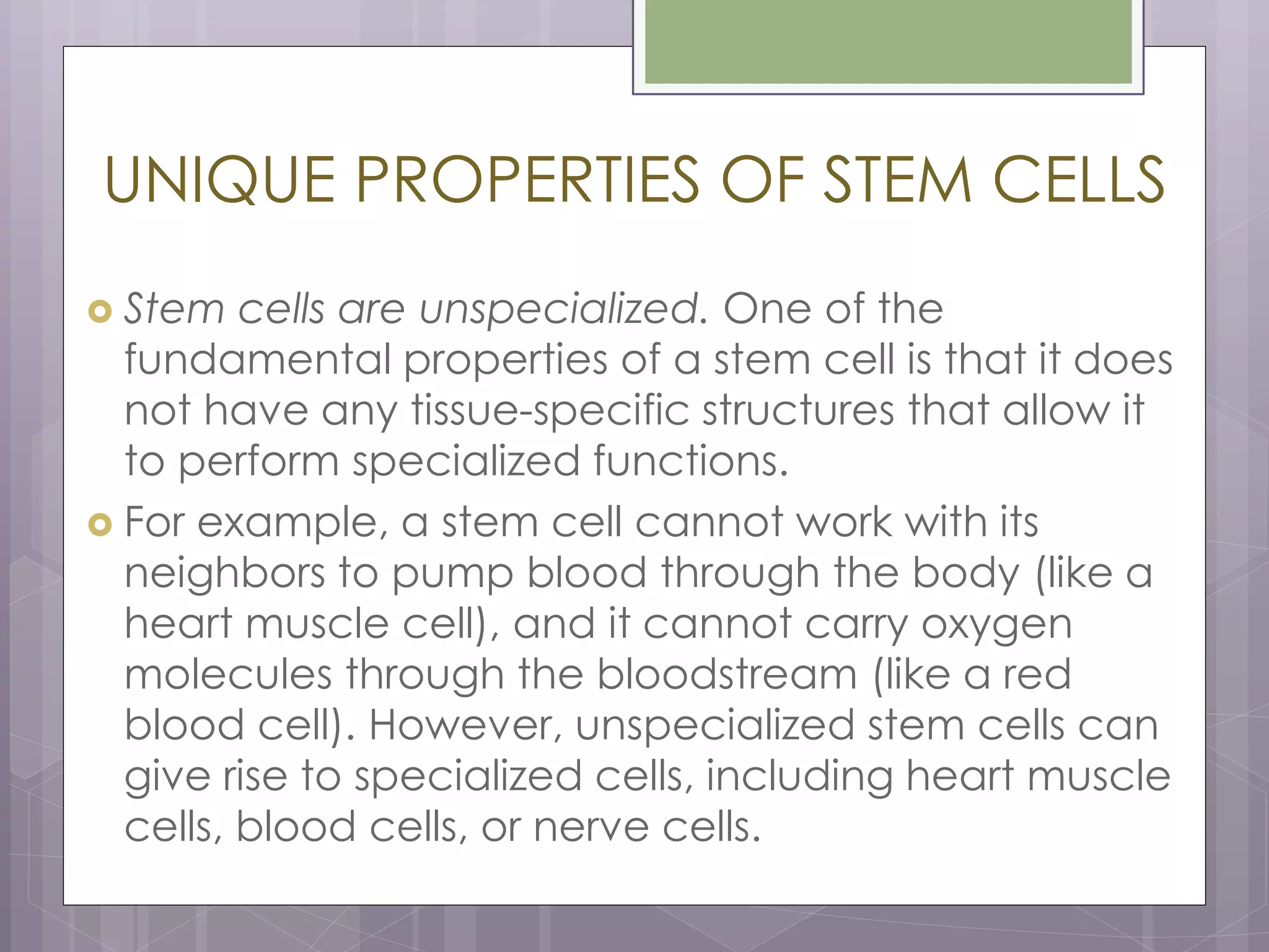 UNIQUE PROPERTIES OF STEM CELLS
 Stem cells are unspecialized. One of the
fundamental properties of a stem cell is that it does
not have any tissue-specific structures that allow it
to perform specialized functions.
 For example, a stem cell cannot work with its
neighbors to pump blood through the body (like a
heart muscle cell), and it cannot carry oxygen
molecules through the bloodstream (like a red
blood cell). However, unspecialized stem cells can
give rise to specialized cells, including heart muscle
cells, blood cells, or nerve cells.
 