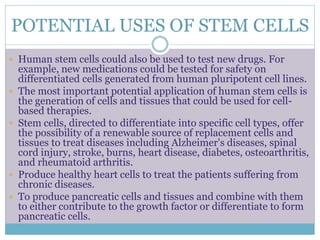 POTENTIAL USES OF STEM CELLS
 Human stem cells could also be used to test new drugs. For
example, new medications could be tested for safety on
differentiated cells generated from human pluripotent cell lines.
 The most important potential application of human stem cells is
the generation of cells and tissues that could be used for cell-
based therapies.
 Stem cells, directed to differentiate into specific cell types, offer
the possibility of a renewable source of replacement cells and
tissues to treat diseases including Alzheimer's diseases, spinal
cord injury, stroke, burns, heart disease, diabetes, osteoarthritis,
and rheumatoid arthritis.
 Produce healthy heart cells to treat the patients suffering from
chronic diseases.
 To produce pancreatic cells and tissues and combine with them
to either contribute to the growth factor or differentiate to form
pancreatic cells.
 