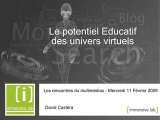 Le potentiel Educatif des univers virtuels Les rencontres du multimédias - Mercredi 11 Février 2009 David Castéra 