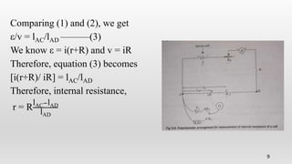 Comparing (1) and (2), we get
ε/v = lAC/lAD ———(3)
We know ε = i(r+R) and v = iR
Therefore, equation (3) becomes
[i(r+R)/ iR] = lAC/lAD
Therefore, internal resistance,
r = R
lAC−lAD
lAD
9
 