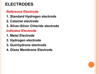 ELECTRODES
Reference Electrode
1. Standard Hydrogen electrode
2. Calomel electrode
3. Silver-Silver Chloride electrode
Indicator Electrode
1. Metal Electrode
2. Hydrogen electrode
3. Quinhydrone electrode
4. Glass Membrane Electrode
 