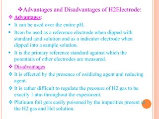 Advantages and Disadvantages of H2Electrode:
 Advantages:
 It can be used over the entire pH.
 Itcan be used as a reference electrode when dipped with
standard acid solution and as a indicator electrode when
dipped into a sample solution.
 It is the primary reference standard against which the
potentials of other electrodes are measured.
 Disadvantages
 It is effected by the presence of oxidizing agent and reducing
agent.
 It is rather difficult to regulate the pressure of H2 gas to be
exactly 1 atm throughout the experiment.
 Platinum foil gets easily poisoned by the impurities present in
the H2 gas and Hcl solution.
 