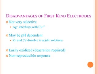 DISADVANTAGES OF FIRST KIND ELECTRODES
 Not very selective
 Ag+ interferes with Cu+2
 May be pH dependent
 Zn and Cd dissolve in acidic solutions
 Easily oxidized (deaeration required)
 Non-reproducible response
 