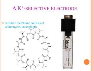 A K+-SELECTIVE ELECTRODE
 Sensitive membrane consists of
valinomycin, an antibiotic
 