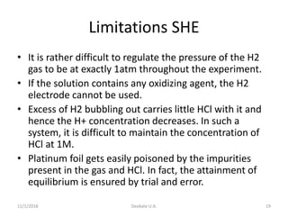 Limitations SHE
• It is rather difficult to regulate the pressure of the H2
gas to be at exactly 1atm throughout the experiment.
• If the solution contains any oxidizing agent, the H2
electrode cannot be used.
• Excess of H2 bubbling out carries little HCl with it and
hence the H+ concentration decreases. In such a
system, it is difficult to maintain the concentration of
HCl at 1M.
• Platinum foil gets easily poisoned by the impurities
present in the gas and HCl. In fact, the attainment of
equilibrium is ensured by trial and error.
11/1/2018 Deokate U.A. 19
 