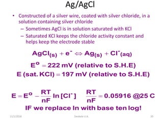 11/1/2018 Deokate U.A. 20
Ag/AgCl
• Constructed of a silver wire, coated with silver chloride, in a
solution containing silver chloride
– Sometimes AgCl is in solution saturated with KCl
– Saturated KCl keeps the chloride activity constant and
helps keep the electrode stable
log!tenbasewithlnreplaceweIF
C25@0.05916
nF
RT
][Clln
nF
RT
EE
S.H.E)to(relativemV197KCl)(sat.E
S.H.E)to(relativemV222E
ClAgeAgCl
-o
o
(aq)
-
(s)
-
(s)




 
