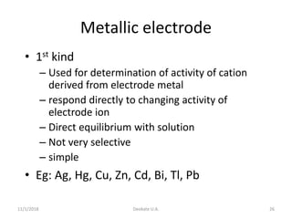 11/1/2018 Deokate U.A. 26
Metallic electrode
• 1st kind
– Used for determination of activity of cation
derived from electrode metal
– respond directly to changing activity of
electrode ion
– Direct equilibrium with solution
– Not very selective
– simple
• Eg: Ag, Hg, Cu, Zn, Cd, Bi, Tl, Pb
 
