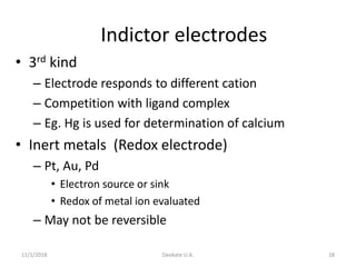 11/1/2018 Deokate U.A. 28
Indictor electrodes
• 3rd kind
– Electrode responds to different cation
– Competition with ligand complex
– Eg. Hg is used for determination of calcium
• Inert metals (Redox electrode)
– Pt, Au, Pd
• Electron source or sink
• Redox of metal ion evaluated
– May not be reversible
 