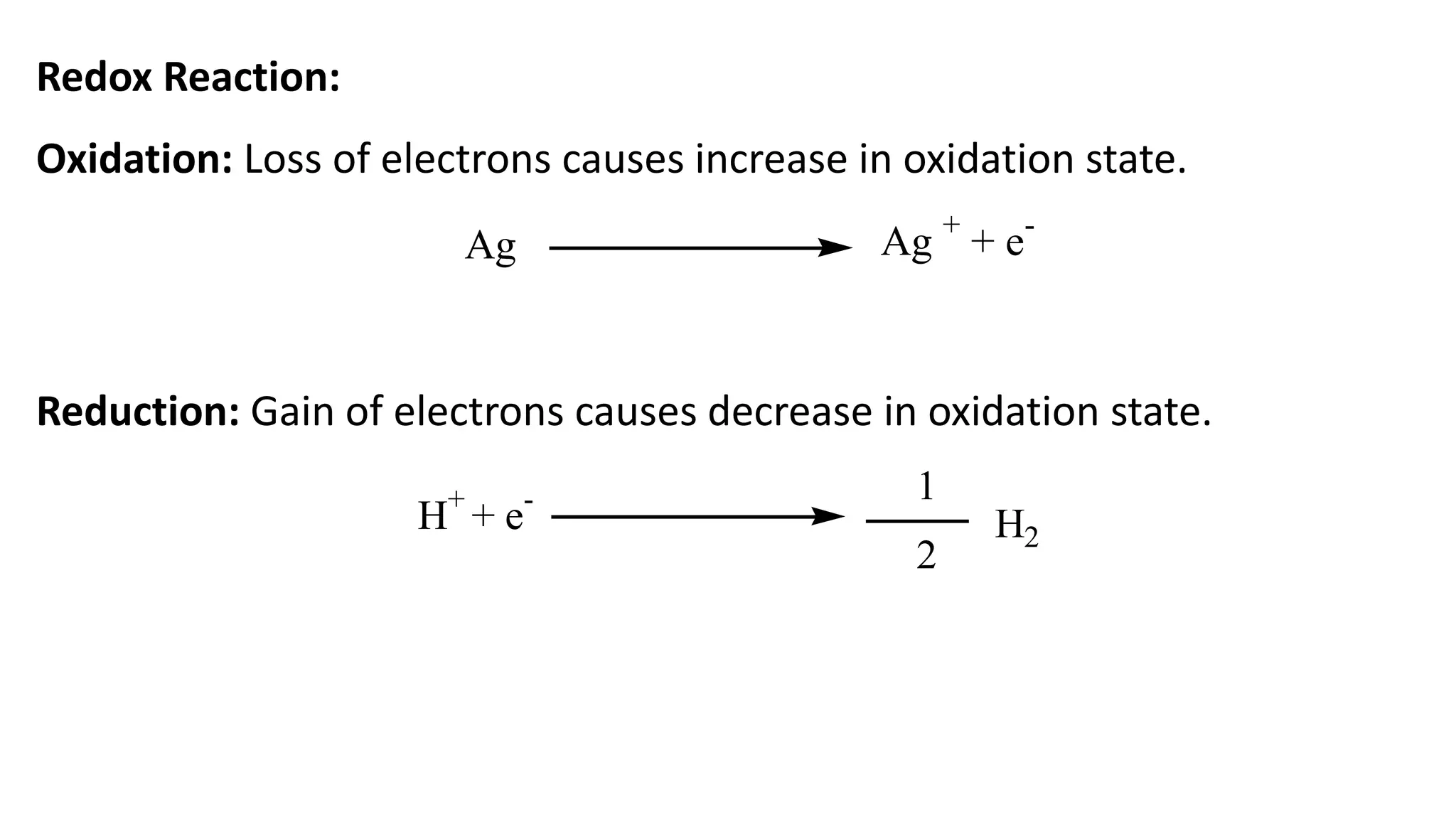 Ag Ag +
+ e-
H+
+ e- 1
2
H2
Redox Reaction:
Oxidation: Loss of electrons causes increase in oxidation state.
Reduction: Gain of electrons causes decrease in oxidation state.
 