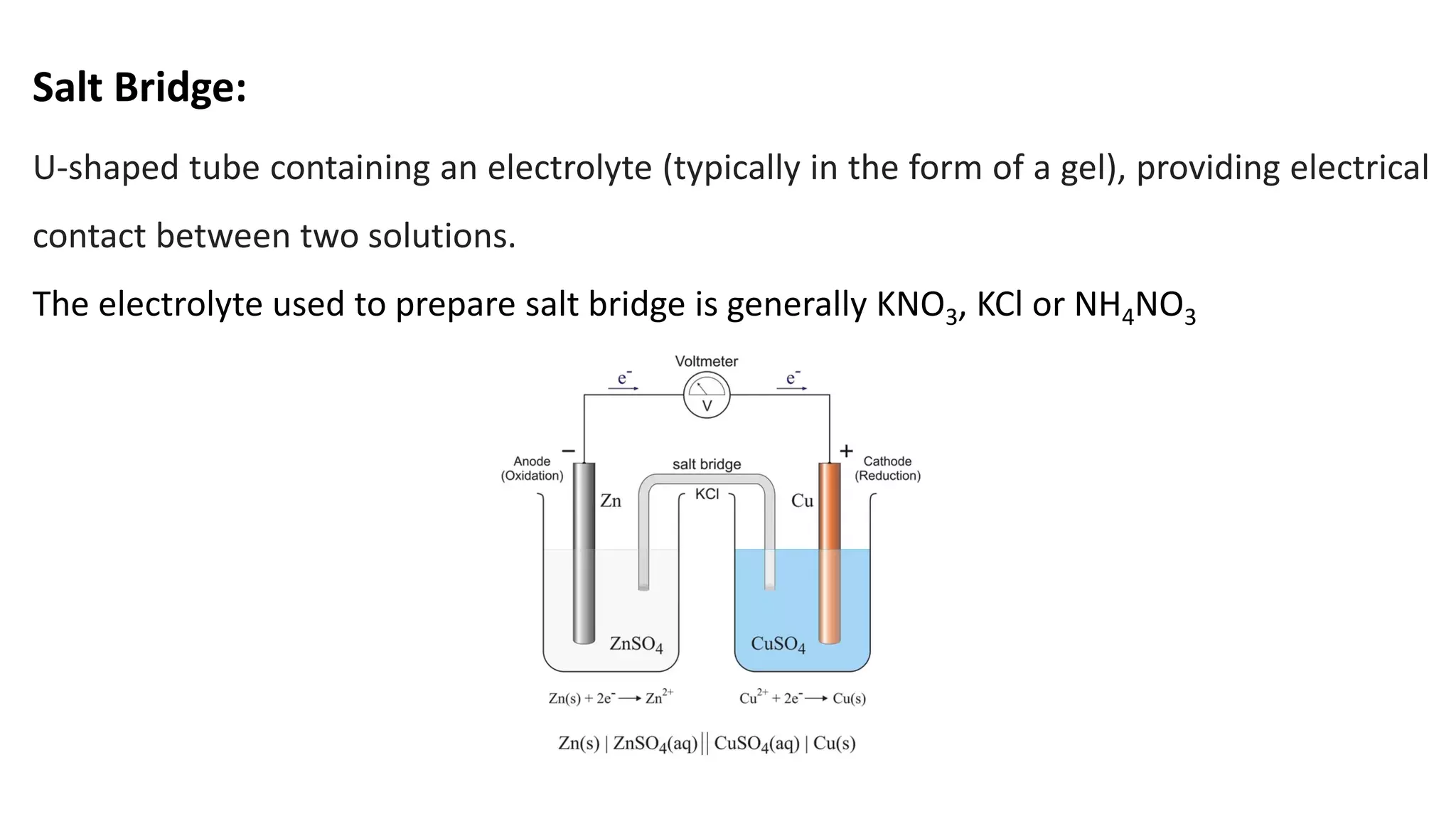 Salt Bridge:
U-shaped tube containing an electrolyte (typically in the form of a gel), providing electrical
contact between two solutions.
The electrolyte used to prepare salt bridge is generally KNO3, KCl or NH4NO3
 