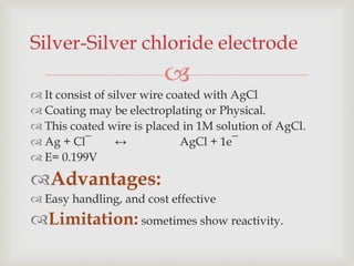 
 It consist of silver wire coated with AgCl
 Coating may be electroplating or Physical.
 This coated wire is placed in 1M solution of AgCl.
 Ag + Cl¯ ↔ AgCl + 1e¯
 E= 0.199V
Advantages:
 Easy handling, and cost effective
Limitation: sometimes show reactivity.
Silver-Silver chloride electrode
 