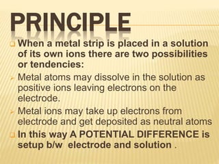 PRINCIPLE
 When a metal strip is placed in a solution
of its own ions there are two possibilities
or tendencies:
 Metal atoms may dissolve in the solution as
positive ions leaving electrons on the
electrode.
 Metal ions may take up electrons from
electrode and get deposited as neutral atoms
 In this way A POTENTIAL DIFFERENCE is
setup b/w electrode and solution .
 