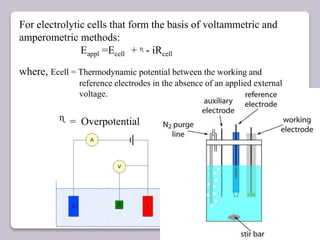 For electrolytic cells that form the basis of voltammetric and
amperometric methods:
Eappl =Ecell + ᶯ - iRcell
where, Ecell = Thermodynamic potential between the working and
reference electrodes in the absence of an applied external
voltage.
ᶯ = Overpotential
3/23/2014
 