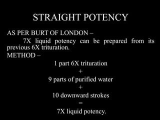 STRAIGHT POTENCY
AS PER BURT OF LONDON –
7X liquid potency can be prepared from its
previous 6X trituration.
METHOD –
1 part 6X trituration
+
9 parts of purified water
+
10 downward strokes
=
7X liquid potency.
 