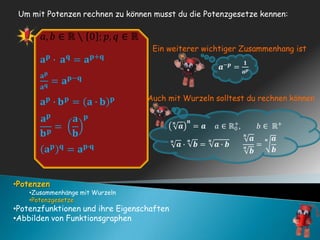 Abbilden von FunktionsgraphenWie können Gleichungen der Form                                            gelöst werden? Wir benötigen die n-te Wurzel:Es gelten Folgende Zusammenhänge:Potenzen