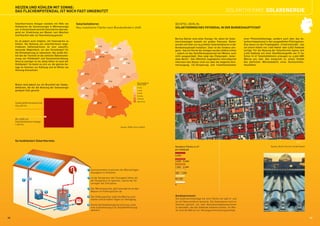 HEIZEN UND KÜHLEN MIT SONNE:
     DAS FLÄCHENPOTENZIAL IST NOCH FAST UNGENUTZT                                                                                                                                                 SOLARTHERMIE SOLARENERGIE

                                                                                                                                                                                                                                                                                     Berlin
     Solarthermische Anlagen wandeln mit Hilfe von         Solarkollektoren                                                                        BEISPIEL BERLIN:
     Kollektoren die Sonnenenergie in Wärmeenergie         Neu installierte Fläche nach Bundesländern 2008                                         SOLARTHERMISCHES POTENZIAL IN DER BUNDESHAUPTSTADT
     um. In Deutschland wird die Solarwärme überwie­
     gend zur Erwärmung von Wasser zum Waschen
     und Duschen oder zur Raumheizung genutzt.
                                                                                                                                                   Berlins Dächer sind voller Energie. Vor allem für Solar­    einer Photovoltaikanlage, sondern auch über das So­
     Es ist jedoch auch möglich, mit Solarwärme zu                                                                                                 thermieanlagen besteht ein großes Potenzial. Bisher         larthermiepotenzial in den ausgewählten Pilotregionen.
     kühlen. Die Nutzung von solarthermisch ange­                                                                                                  wurden seit 2001 nur 24,5 Hektar Solarkollektoren in der    Eine davon ist das Projektgebiet „Friedrichstraße“, das
     triebenen Kältemaschinen ist eine zukunfts­                                    4 ha
                                                                                                             1 ha                                  Bundeshauptstadt installiert. Zwar ist die Tendenz stei­    auf einem Gebiet von 1.000 Hektar über 5.837 Gebäude
     weisende Möglichkeit, um den Strombedarf für                                                                                                  gend – fast ein Viertel der Anlagen wurden 2008 errichtet   verfügt. Für die Nutzung der Solarthermie eignen sich
     die Klimatisierung zu reduzieren. Der große Vor­                                      1 ha
                                                                                                                                                   – jedoch ist das Dachflächenpotenzial bei Weitem noch       3.926 Gebäude mit einer Dachflächengröße von 71 ha.
     teil bei der Technik ist die zeitliche Übereinstim­                             0,3 ha                                                        nicht ausgeschöpft. Dies zeigt das Pilotprojekt „Solar­     Schon 10 m2 Solarkollektoren erzeugen ca. 4.500 kWh
     mung von Kühlbedarf und Sonneneinstrahlung.                         14 ha                                      2 ha                           atlas Berlin“. Das öffentlich zugängliche Internetportal    Wärme pro Jahr. Das entspricht ca. einem Fünftel
     Denn je sonniger es ist, desto höher ist auch der                                                                                             informiert den Nutzer nicht nur über die mögliche Stro­     des jährlichen Wärmebedarfs eines Durchschnitts­
                                                                                                                      1 ha
     Kühlbedarf. So bietet es sich an, die gleiche An­                                                                                             merzeugung, CO2­Einsparung und Investitionskosten           haushaltes.
     lage im Sommer zur Kühlung und im Winter als                                                        2 ha
     Heizung einzusetzen.
                                                                 16 ha
                                                                                                                      4 ha

                                                                                                  3 ha
                                                                                 10 ha                                          Neu installierte
     Bisher wird jedoch nur ein Bruchteil der Gebäu­                                                                            Fläche 2008
     deflächen, die für die Nutzung der Solarenergie             7 ha                                                           0–1 ha
     geeignet sind, genutzt.                                                                                                    1–4 ha
                                                                                                                                4–8 ha
                                                                 2 ha                                                           8–16 ha
                                                                                                                                16–32 ha
                                                                                                                                über 32 ha
     Gebäudeflächenpotenzial                                                      25 ha
     234.400 ha
                                                                                                     40 ha




                                                                                                                                                                                                               Friedrichstraße
     Bis 2008 mit                                                                                                                                                                                                                           inden
     Solarkollektoren belegt:                                                                                                                                                                                                    Unter den L
     1.100 ha
                                                                                                                Quelle: BSW-Solar (2009)




     So funktioniert Solarthermie:                                                                                                                                                                                                                                       100 m

                                                                                                                                                   Nutzbare Fläche in m²                                                                        Quelle: Berlin Partner GmbH (2009)
                                                                                                                                                   pro Gebäude

                                                                                                                                                   5.000

                                                                                                                                                   3.000 ­ 5.000

                                                                                                                                                   1.000 ­ 3.000
                                                                         Sonnenstrahlen erwärmen die Wärmeträger-
                                                                         flüssigkeit im Kollektor.                                                 250 ­ 1.000

                                                                         Ist die Temperatur der Flüssigkeit höher als                              bis 250
                                                                         die Temperatur im Speicher, startet der So-
                                                                         larregler die Zirkulation.                                                0
                                                                         Der Wärmetauscher gibt Solarwärme an das
                                                                         Wasser im Pufferspeicher ab.

                                                                         Der Pufferspeicher stellt die Wärme auch                                  Bundespresseamt
                                                                         nachts und an kalten Tagen zur Verfügung.                                 Die Solarthermieanlage hat eine Fläche von 348 m2 und
                                                                                                                                                   ist mit Vakuumröhren bestückt. Die Solarwärme wird im
                                                                         Reicht die Kollektorwärme nicht aus, wird                                 Sommer genutzt, um zwei Absorptionskältemaschinen
                                                                         eine Zusatzheizung (z.B. Holzpelletheizung)                               zu betreiben, die das Gebäude teilweise kühlen. Im Win-
                                                                         aktiviert.                                                                ter wird die Wärme zur Heizungsunterstützung benötigt.


26                                                                                                                                                                                                                                                                                            27
 