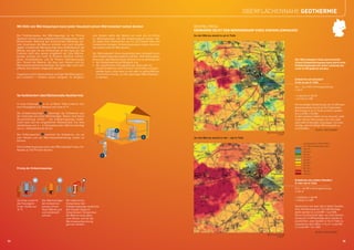 OBERFLÄCHENNAHE GEOTHERMIE

     Mit Hilfe von Wärmepumpen kann jeder Haushalt seinen Wärmebedarf selbst decken                                         BEISPIEL RIESA:                                                                                     Riesa

                                                                                                                            ERDWÄRME DECKT DEN WÄRMEBEDARF EINES EINFAMILIENHAUSES
     Die Funktionsweise der Wärmepumpe ist im Prinzip            zum Vorjahr nahm der Absatz um mehr als ein Drittel        So viel Wärme steckt in 40 m Tiefe
     identisch mit der eines altbekannten Alltagsgerätes: dem    zu. Wärmepumpen, die die Umgebungsluft nutzen, hat-
     Kühlschrank. Während der Kühlschrank allerdings sei-        ten 2008 einen Marktanteil von ca. 45 Prozent aller neu
     nem Innenraum die Wärme entzieht und nach draußen           installierten Anlagen. Erdwärmepumpen haben somit ei-
     abgibt, entzieht die Wärmepumpe dem Außenbereich die        nen etwas höheren Marktanteil.
     Wärme und gibt sie als Heizenergie an das Haus ab. Die
     Funktion läuft also genau umgekehrt ab. Eine Wärme-         Der Wärmebedarf eines Haushaltes kann komplett durch
     pumpe erzeugt aus rund 75 Prozent natürlich vorhan-         eine Erdwärmepumpe gedeckt werden. Das Nutzungspo-
     dener Umweltwärme und 25 Prozent Antriebsenergie            tenzial der oberflächennahen Geothermie ist abhängig von                                                          Der Wärmebedarf eines durchschnitt-
     (d.h. Strom) die Wärme, die man zum Heizen und zur          • der Gesteinswärmeleitfähigkeit und                                                                              lichen Einfamilienhauses kann durch eine
     Warmwasserbereitung benötigt. Sie kann aber auch sehr       • der spezifischen Entzugsleistung. Diese gibt an,                                                                Erdwärmepumpe mit einer Leistung von
     effektiv zum Kühlen eingesetzt werden.                         wieviel Erdwärme dem Erdreich nachhaltig entzogen                                                              rund 12 kW gedeckt werden.
                                                                    werden kann, ohne dass zu viel oder zu wenig Wärme
     Insgesamt sind in Deutschland rund 350.000 Wärmepum-           entnommen würde, um den jeweiligen Wärmebedarf
     pen installiert – Tendenz weiter steigend. Im Vergleich        zu decken.
                                                                                                                                                                                   Erdwärme am Standort
                                                                                                                                                                                   in bis zu 40 m Tiefe
                                                                                                                                                                                   50,1 – 52,5 W/m Entzugsleistung
                                                                                                                                                                                   x 40 m

     So funktioniert oberflächennahe Geothermie                                                                                                                                    = 2.004 bis 2.100 W
                                                                                                                                                                                   = 2,0 bis 2,1 kW
     In einer Erdsonde 1 in ca. 10 Meter Tiefe erwärmt sich                                                                                                                        Die benötigte Heizleistung von 12 kW kann
     eine Flüssigkeit (z.B. Wasser) auf rund 10 °C.                                                                                                                                beispielsweise durch sechs Erdsonden-
                                                                                                                                                                                   bohrungen à 40 m Tiefe erreicht werden
     Die Erdwärmepumpe 2 überträgt die Erdwärme aus                                                                                                                                (6 x 2,0 kW = 12 kW).
     der Erdsonde auf einen Wärmeträger. Dieser wird durch                                                                                                                         In den meisten Fällen ist es sinnvoll, statt
     Druckerhöhung erhitzt – die Erdwärmepumpe funkti-                                                                                                                             vieler kleiner Bohrungen nur eine oder
     oniert also wie ein umgekehrter Kühlschrank. Für eine                                                                                                                         zwei tiefe Erdsonden anzulegen, um eine
     Heizleistung von 3 – 5 Kilowattstunden Wärme benötigt                                                                                                                         stetige, gleichmäßige Wärmequelle zu
     sie ca. 1 Kilowattstunde Strom.                                                                                                                                               erschließen.
                                                                                    2                                                                                                                    Quelle: LfULG (2009)
     Der Pufferspeicher  sammelt die Erdwärme, um sie
                         3                                                                                                                                                  2 km
     zum Heizen und zur Warmwasserbereitung nutzen zu                                                     3                 So viel Wärme steckt in 100 – 130 m Tiefe
     können.
                                                                                                                                                                                          Entzugsleistung in Watt pro Meter
                                                                                                                                                                                          bei 1.800 Jahresbetriebsstunden
     Eine Erdwärmepumpe kann den Wärmebedarf eines Ge-
                                                                                                                                                                                          unter 40
     bäudes zu 100 Prozent decken.
                                                                                                                                                                                          40,1-42,5
                                                                                                                                                                                          42,6-45
                                                                         1                                                                                                                45,1-47,5
                                                                                                                                                                                          47,6-50
                                                                                                                                                                                          50,1-52,5
                                                                                                                                                                                          52,6-55
     Prinzip der Erdwärmepumpe                                                                                                                                                            55,1-57,5
                                                                                                                                                                                          57,5-60
                                                                                                                                                                                          über 60,1


                                                                                                                                                                                   Erdwärme am selben Standort
                                                                                                                                                                                   in 100-130 m Tiefe
                                                                                                                                                                                   52,6 – 55 W/m Entzugsleistung
                                                                                                                                                                                   x 130 m

                                                                                                                                                                                   = 6.838 bis 7.150 W
     Die Erde erwärmt    Der Wärmeträger     Der elektrische                                                                                                                       = 6,8 bis 7,1 kW
     die Flüssigkeit     der Erdwärme-       Kompressor der
     in der Sonde auf    pumpe nimmt         Erdwärmepumpe verdichtet                                                                                                              Somit kann mit zwei 130 m tiefen Sonden
     10 °C.              diese Wärme auf     den Dampf. Dadurch                                                                                                                    eine Heizleistung von 13,6 kW bereitge-
                         und verdampft       steigt dessen Temperatur.                                                                                                             stellt werden (2 x 6,8 kW = 13,6 kW).
                         schnell.            Die Wärme kann dann                                                                                                                   Da im Durchschnitt aber nur eine Heizlei-
                                             zum Heizen und für die                                                                                                                stung von 12 kW benötigt wird, würde es
                                             Warmwasserbereitung                                                                                                                   ausreichen, zwei Sonden à 115 m Tiefe zu
                                             genutzt werden.                                                                                                                       installieren (52,6 W/m x 115 m = 6,05 kW;
                                                                                                                                                                                   2 x 6,05 kW = 12,1 kW).
                                                                                                                                                                                                         Quelle: LfULG (2009)
                                                                                                                                                                            2 km
34                                                                                                                                                                                                                                      35
 