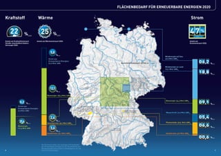 FLÄCHENBEDARF FÜR ERNEUERBARE ENERGIEN 2020

Kraftstoff                               Wärme                                                                                                                                                                      Strom


      22                 %    2020
                                         25             %   2020
                                                                                                                                                                                                                   47%    2020



Anteile am Kraftstoffverbrauch       Anteile am Wärmeverbrauch 2020:                                                                                                                                               Anteile am
(Straße, einschließlich Elektro-                                                                                                                                                                                   Stromverbrauch 2020:
fahrzeuge) 2020:



                                                     5,8
                                                            %2020
                                                                                                                                                                                     Windenergie auf See:
                                                  Strom aus                                                                                                                          37,0 Mrd. kWhel
                                                  Erneuerbaren Energien:
                                                  67,0 Mrd. kWh                                                                          Gesamtfläche Deutschlands: 35,7 Mio. ha                                                 0 6 ,2   %2020
                                                                                                                                                                                     Windenergie an Land:
                                                                                                                                                                                     112,1 Mrd. kWhel

                                                                                                                                                                                                                                 1 8 ,8   %2020
                                                                                                                                                      Windenergieanlagen werden
                                                                                                                                                      vorrangig auf landwirt-
                                                                                                                                                      schaftlich genutzten Flächen
                                                                                                                                                      installiert. Der Flächen-
                                                                                                                                                      bedarf errechnet sich aus
                                                                                                                                           270.000 ha den Abstandsflächen zur
                                                                                                                                                      nächsten Anlage bzw. aus den
                                                    13,1                                                                                              versiegelten Flächen durch
                                                                                                                                                      Fundamente.
                                                            %2020                                                                            2.700 ha


                                                 Bioenergie: 150,3 Mrd. kWhth



                                                                                                                                                                                                                                 0 9 ,1
                                                                                                                                                                                     Bioenergie: 54,3 Mrd. kWhel
                   0,2      %2020                                                                                                                                                                                                         %2020
                                                                                                                                         3,7 Mio. ha
                 Strom aus                                                                Der überwiegende Teil von
                 Erneuerbaren Energien                                               Photovoltaik- und Solarthermie-
                                                                                         anlagen wird in Dächer und
                 0,9 Mrd. kWh                                                         Fassaden integriert: 37.000 ha.                         Freiflächenanlagen
                                                                                                                                              (Strom): 10.500 ha                     Wasserkraft: 31,9 Mrd. kWhel


                                                    2,6                                                                                                                                                                          0 5 ,4   %2020
                                                            %2020
                  21,4      %2020                Solarthermie: 30,1 Mrd. kWhth                                                                                                       Photovoltaik: 39,5 Mrd. kWhel
                 Bioenergie:                                                                                                                                                                                                     0 6 ,6   %2020
                 111,3 Mrd. kWh                     3,6                                                                    960.000 ha
                                                                                                                        (unterirdisch)
                                                            %2020
                                                 Geothermie: 42,1 Mrd. kWhth                                                                                                         Geothermie: 3,8 Mrd. kWhel

                                                                                                                                                                                                                                 0 0 ,6   %2020


                                          Die Rechtecke bilden den jeweiligen Flächenbedarf
                                          der Erneuerbaren Energien an der Gesamtfläche der
                                          Bundesrepublik Deutschland maßstabsgetreu ab und
6                                         sind nicht ortsbezogen.                                                                                                                                                                                 7
 