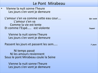 Le Pont Mirabeau
•    Vienne la nuit sonne l'heure
      Les jours s'en vont je demeure
    L'amour s'en va comme cette eau cour….    Qui coule
          L'amour s'en va
        Comme la vie est lente
    Et comme l'Espé….. est violente           l’espoir


      Vienne la nuit sonne l'heure
      Les jours s'en vont je demeure
    Passent les jours et passent les sem…..     7 jours


           Ni temps passé
       Ni les amours reviennent
    Sous le pont Mirabeau coule la Seine
      Vienne la nuit sonne l'heure
      Les jours s'en vont je demeure
 