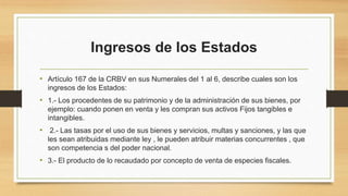 Ingresos de los Estados
• Artículo 167 de la CRBV en sus Numerales del 1 al 6, describe cuales son los
ingresos de los Estados:
• 1.- Los procedentes de su patrimonio y de la administración de sus bienes, por
ejemplo: cuando ponen en venta y les compran sus activos Fijos tangibles e
intangibles.
• 2.- Las tasas por el uso de sus bienes y servicios, multas y sanciones, y las que
les sean atribuidas mediante ley , le pueden atribuir materias concurrentes , que
son competencia s del poder nacional.
• 3.- El producto de lo recaudado por concepto de venta de especies fiscales.
 