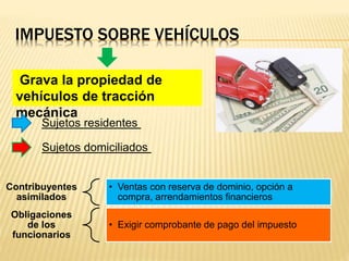 IMPUESTO SOBRE VEHÍCULOS
Grava la propiedad de
vehículos de tracción
mecánica
Sujetos residentes
Sujetos domiciliados
Contribuyentes
asimilados
• Ventas con reserva de dominio, opción a
compra, arrendamientos financieros
Obligaciones
de los
funcionarios
• Exigir comprobante de pago del impuesto
 