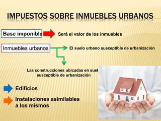 IMPUESTOS SOBRE INMUEBLES URBANOS
Base imponible Será el valor de los inmuebles
El suelo urbano susceptible de urbanización
Las construcciones ubicadas en suelo
susceptible de urbanización
Inmuebles urbanos
Edificios
Instalaciones asimilables
a los mismos
 