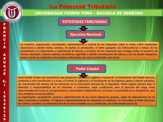 UNIVERSIDAD FERMIN TORO – ESCUELA DE DERECHO
La Potestad Tributaria
POTESTADES TRIBUTARIAS
La creación, organización, recaudación, administración y control de los impuestos sobre la renta, sobre sucesiones,
donaciones y demás ramos conexos, el capital, la producción, el valor agregado, los hidrocarburos y minas; de los
gravámenes a la importación y exportación de bienes y servicios; de los impuestos que recaigan sobre el consumo de
licores, alcoholes y demás especies alcohólicas, cigarrillos y demás manufacturas del tabaco; y de los demás impuestos,
tasas y rentas no atribuidas a los Estados y Municipios por esta Constitución o por la ley
Ejecutivo Nacional
Poder Estadal
Cada Estado tendrá una Contraloría que gozará de autonomía orgánica y funcional. La Contraloría del Estado ejercerá,
conforme a esta Constitución y a la ley, el control, la vigilancia y la fiscalización de los ingresos, gastos y bienes estadales,
sin menoscabo del alcance de las funciones de la Contraloría General de la República. Dicho órgano actuará bajo la
dirección y responsabilidad de un Contralor o Contralora, cuyas condiciones para el ejercicio del cargo serán
determinadas por la ley, la cual garantizará su idoneidad e independencia, así como la neutralidad en su designación, que
será mediante concurso público.
La organización, recaudación, control y administración de los ramos tributarios propios, según las disposiciones de las
leyes nacionales y estadales. El régimen y aprovechamiento de minerales no metálicos, no reservados al Poder Nacional,
las salinas y ostrales y la administración de las tierras baldías en su jurisdicción, de conformidad con la ley.
F
R
A
N
C
I
S
A
S
U
A
J
E
C.
I
1
9
3
4
8
1
2
9
 