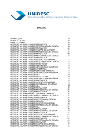 SUMÁRIO




INTRODUÇÃO                                            01
PERFIL DO ALUNO                                       02
LINHA DO TEMPO                                        03
REGISTRO AULA DIA 01/08/2011-MATEMÁTICA               04
REGISTRO AULA DIA 02/08/2011-METODOLOGIA DA CIÊNCIA   05
REGISTRO AULA DIA 03/08/2011-MATEMÁTICA               06
REGISTRO AULA DIA 04/08/2011-GESTÃO DE CARREIRA       07
REGISTRO AULA DIA 05/08/2011-METODOLOGIA DA CIÊNCIA   08
REGISTRO AULA DIA 08/08/2011-MATEMÁTICA               09
REGISTRO AULA DIA 09/08/2011-METODOLOGIA DA CIÊNCIA   10
REGISTRO AULA DIA 10/08/2011-MATEMÁTICA               11
REGISTRO AULA DIA 11/08/2011-GESTÃO DE CARREIRA       12
REGISTRO AULA DIA 12/08/2011-METODOLOGIA DA CIÊNCIA   13
REGISTRO AULA DIA 13/08/2011-AÇÃO SOCIAL              14
REGISTRO AULA DIA 15/08/2011 MATEMÁTICA               15
REGISTRO AULA DIA 16/08/2011METODOLOGIA DA CIÊNCIA    16
REGISTRO AULA DIA 17/08/2011MATEMÁTICA                17
REGISTRO AULA DIA 18/08/2011GESTÃO DE CARREIRA        18
REGISTRO AULA DIA 19/08/2011METODOLOGIA DA CIÊNCIA    19
REGISTRO AULA DIA 20/08/2011 AEA                      20
REGISTRO AULA DIA 22/08/1981 VISITA DO MEC            22
REGISTRO AULA DIA 23/08/2011METODOLOGIA DA CIÊNCIA    23
REGISTRO AULA DIA 24/08/2011 MATEMÁTICA               24
REGISTRO AULA DIA 25/08/2011 GESTAO DE CARREIRA       25
REGISTRO AULA DIA 26/08/2011 METODOLGIA DA CIÊNCIA    26
REGISTRO AULA DIA 27/08/2011 AEA                      27
REGISTRO AULA DIA 29/08/2011 MATEMATICA               28
REGISTRO AULA DIA 30/08/2011 METODOLOGIA DA CIÊNCIA   29
REGISTRO AULA DIA 31/08/2011 MATEMATICA               30
REGISTRO AULA DIA01/09/2011 GESTAO DE CARREIRA        31
REGISTRO AULA DIA 02/09/2011 METODOLOGIA DA CIÊNCIA   32
REGISTRO AULA DIA 05/09/2011 MATEMATICA               33
REGISTRO AULA DIA 06/09/2011 METODOLOGIA CIÊNCIA      34
REGISTRO AULA DIA 07/09/2011 FERIADO                  35
REGISTRO AULA DIA 08/09/2011 GESTAO DE CARREIRA       36
REGISTRO AULA DIA 09/09/2011 METODOLOGIA DA CIÊNCIA   37
REGISTRO AULA DIA 10/09/2011 AEA                      38
REGISTRO AULA DIA 12/09/2011 MATEMATICA               39
REGISTRO AULA DIA 13/09/2011 METODOLOGIA DA CIÊCIA    40
REGISTRO AULA DIA 14/09/2011 MATEMATICA               41
REGISTRO AULA DIA 15/09/2011 GESTAO DE CARREIRA       42
REGISTRO AULA DIA 16/09/2011 MATODOLOGIA DA CIENCIA   43
REGISTRO AULA DIA 19/09/2011 MATEMATICA               44
REGISTRO AULA DIA 20/09/2011 METODOLOGIA DA CIENCIA   45
REGISTRO AULA DIA 21/09/2011 MATEMTICA                46
REGISTRO AULA DIA 22/09/2011 GESTAO DE CARREIRA       47
REGISTRO AULA DIA 23/09/2011 METODOLOGIA DA CIENCIA   48
 